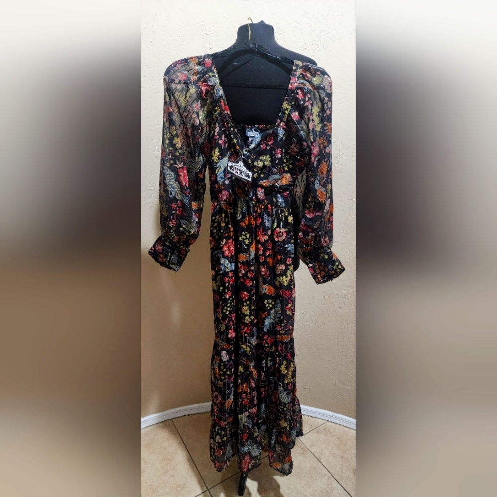 Angie Black Asian floral Metallic  Gown with Bishop Sleeves NWT L